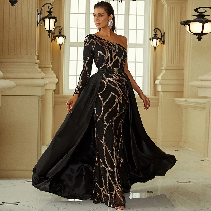 2023 New Contrast Sequins One Shoulder Mermaid Bottom Formal Dress With Skirt Floor Sweeping Party Dress Lace Up Tight Elastic