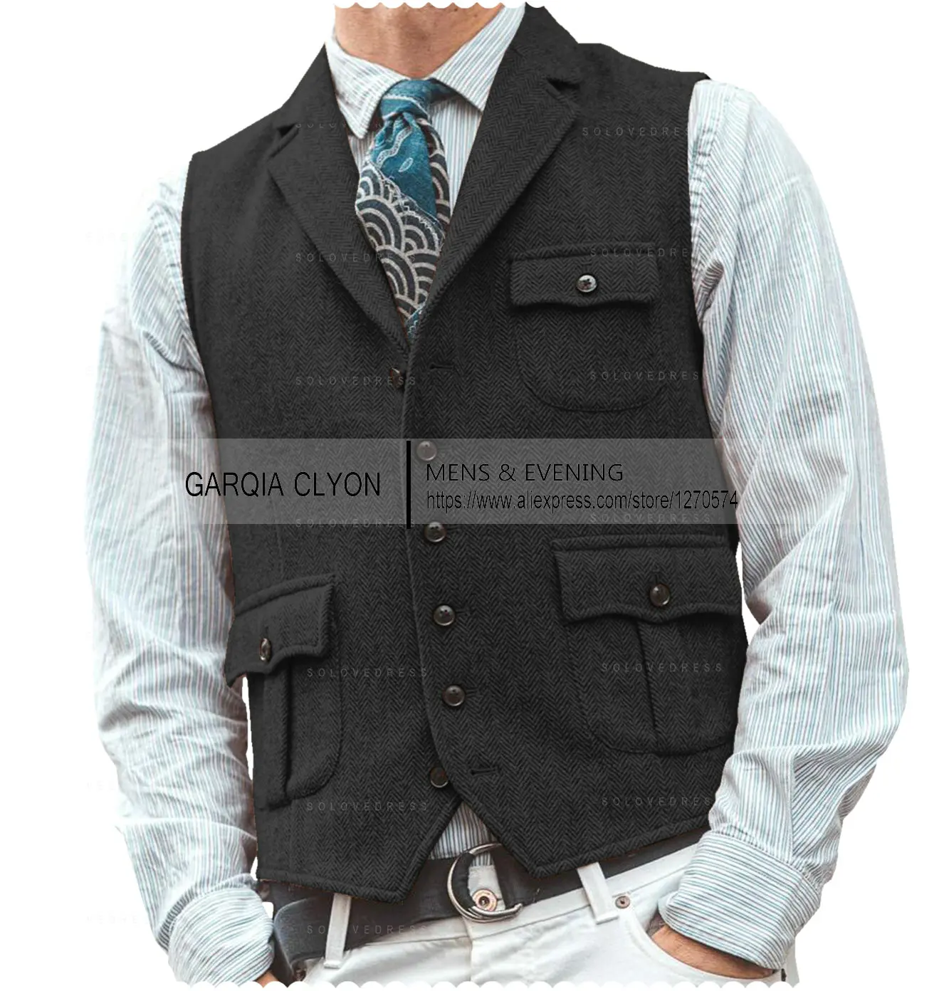 Lapel Men's Herringbone Farbic Men's Suits Vest Casual Business Men's Vest Single Breasted With Real Pocket For Groomsemen 3