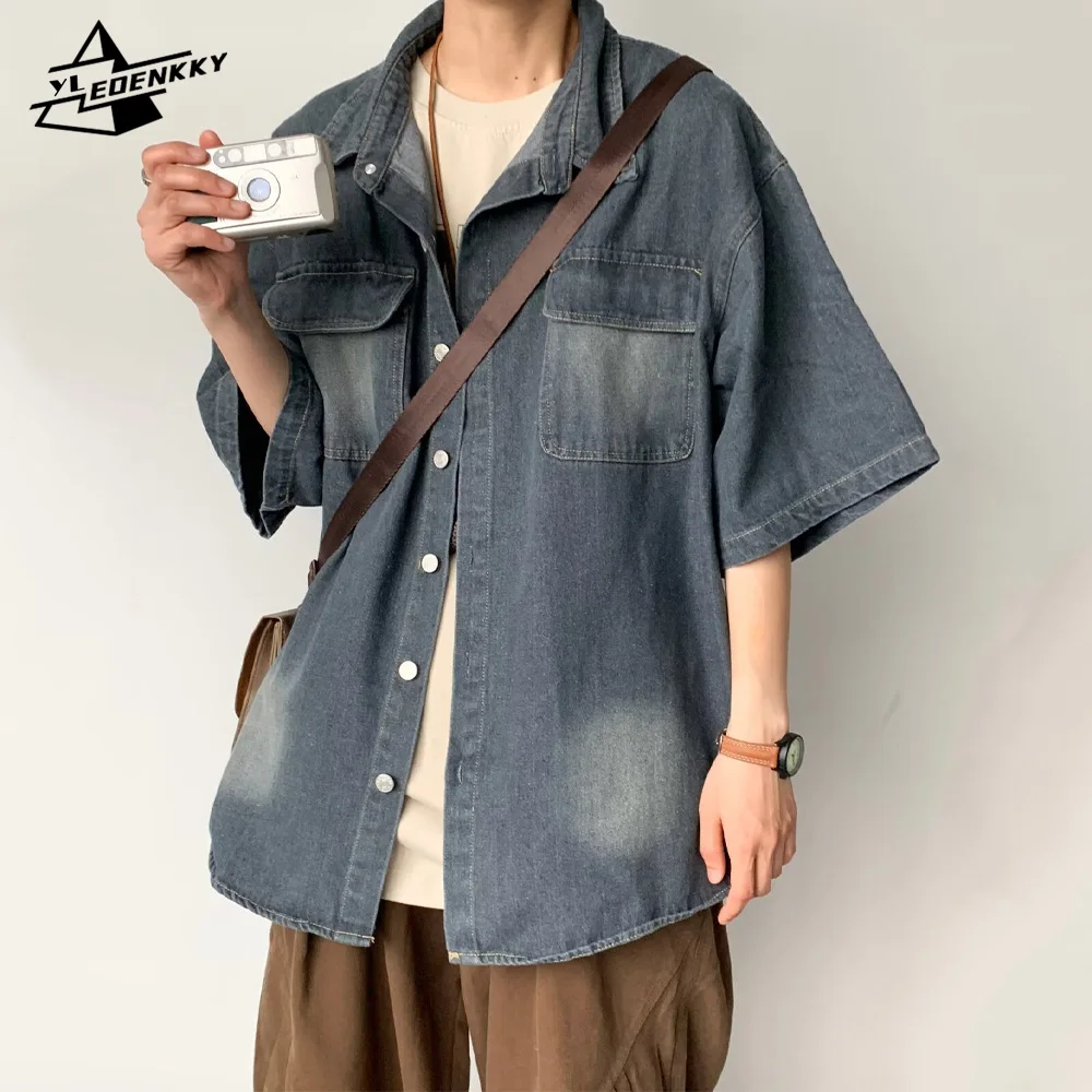 

Washed Denim Shirt Men Women Japanese Retro Loose Short-sleeved Shirt Pockets Adorn Casual Half-sleeved Tops Summer Unisex Coat