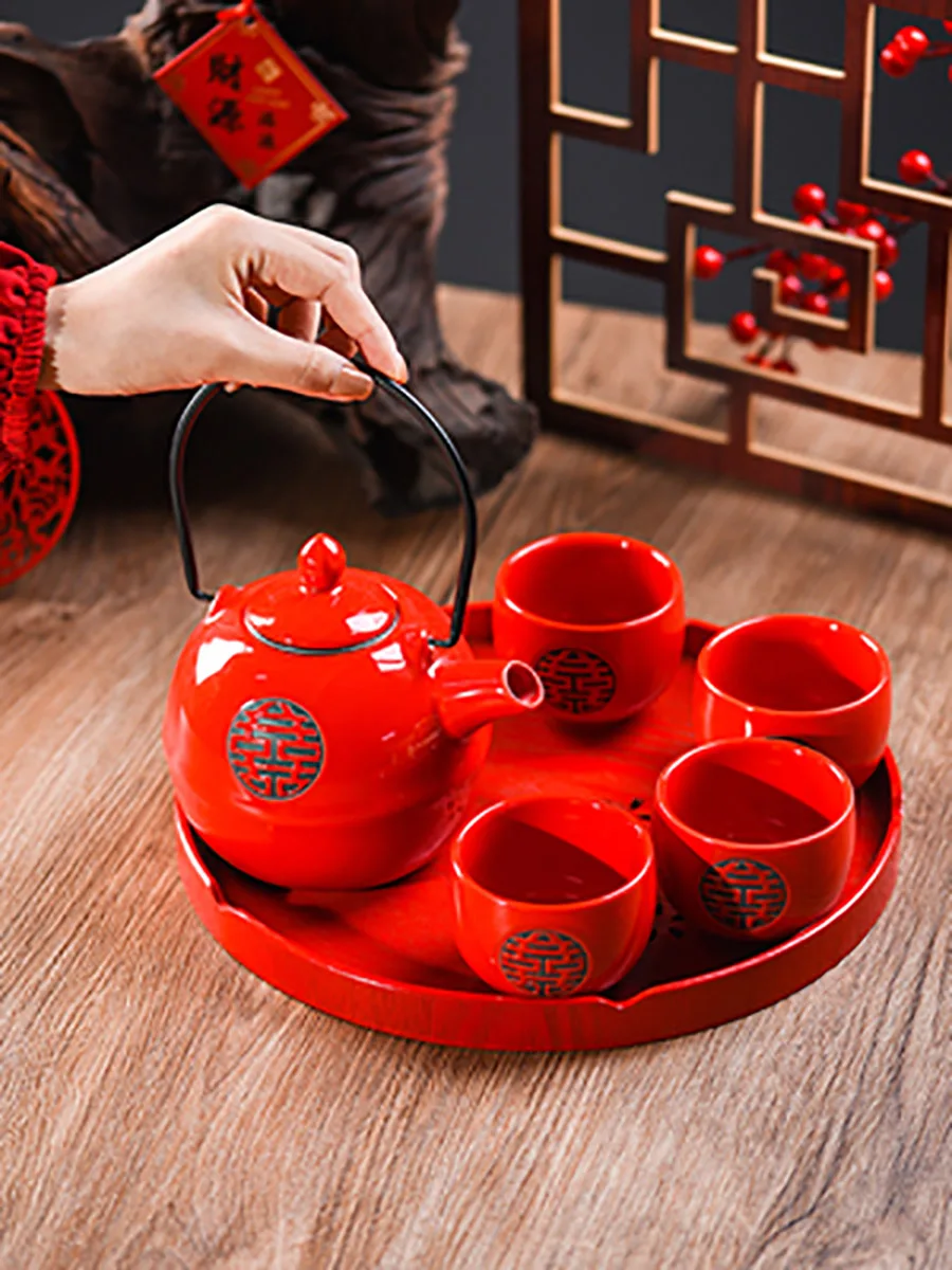Traditional Wedding Decoration Red Tea Set for Adults, Chinese Kung Fu Teapot, Teacups, Tea Service, Teaware with Handle, Chin