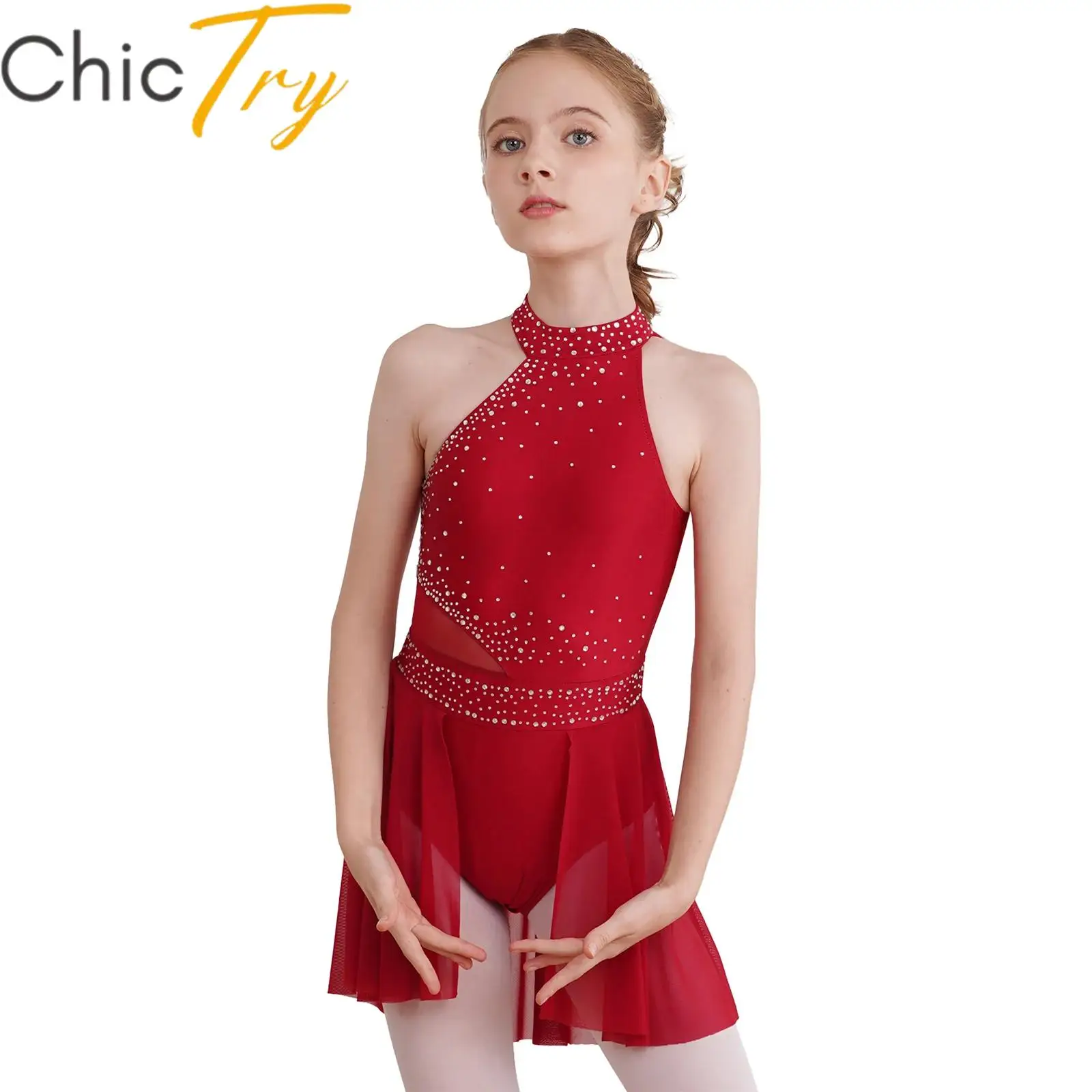 

Kids Girls Ballet Dance Leotard Rhinestones Lyrical Dance Dress Irregular Hem Gymnastics Ballerina Costume Stage Performance