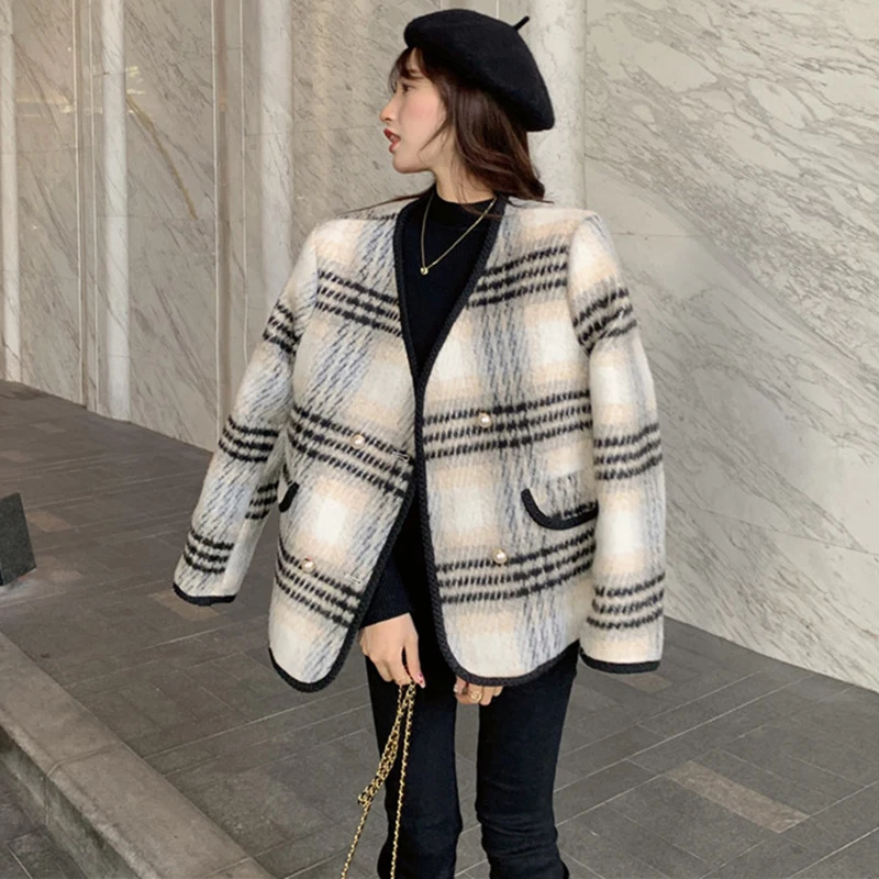 Autumn Winter Jacket Women Vintage Double Breasted Korean Coat Ladies Temperament  V-Neck Velvet Long Sleeve Wool Blend Outwear