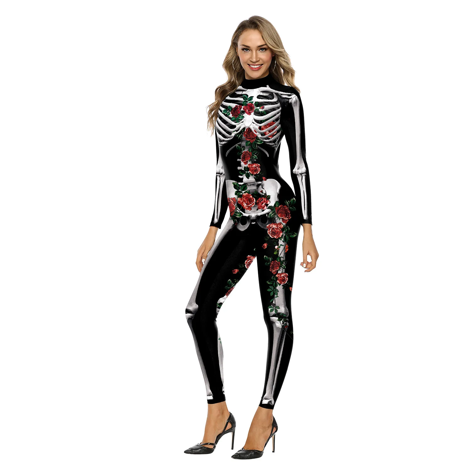 Carnival Party Scary Skeleton Rose Clown Jumpsuit Costume For Women Funny 3D Printed Romper Cosplay Halloween Outfit