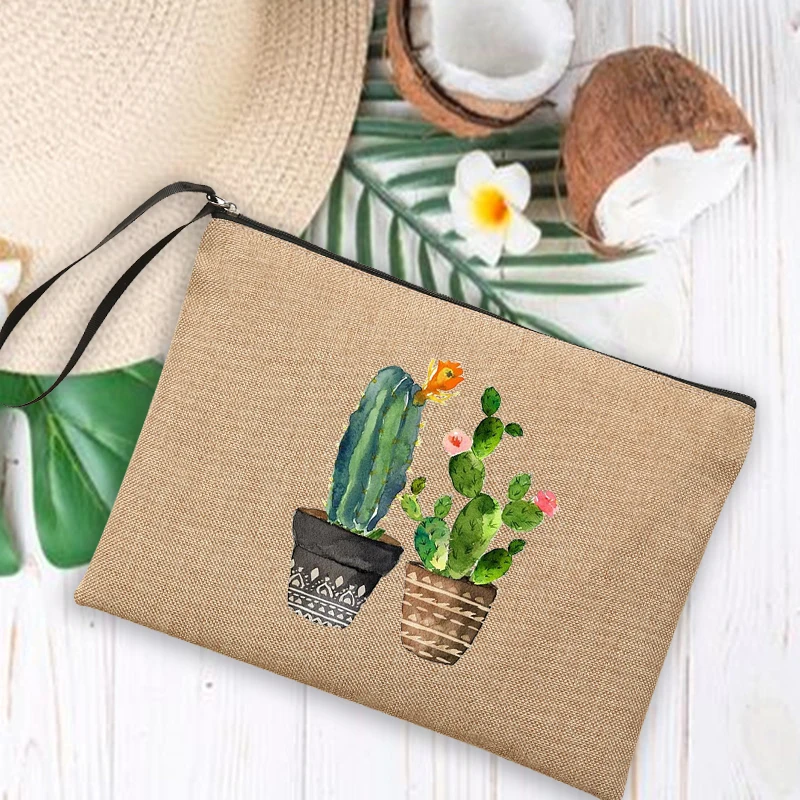 Cactus Print Linen Bag Women Makeup Bags Summer Outdoor Beach Handbags Female Cosmetic Storage Pouch Travel Wash Organizer Gifts 6