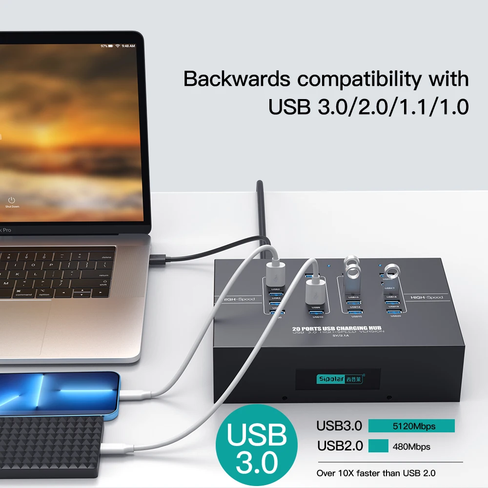 Sipolar A-223 Multi port USB 3.0 Hub 20 port charging station for phone tablet laptop with  5V 40A Power adapter 3
