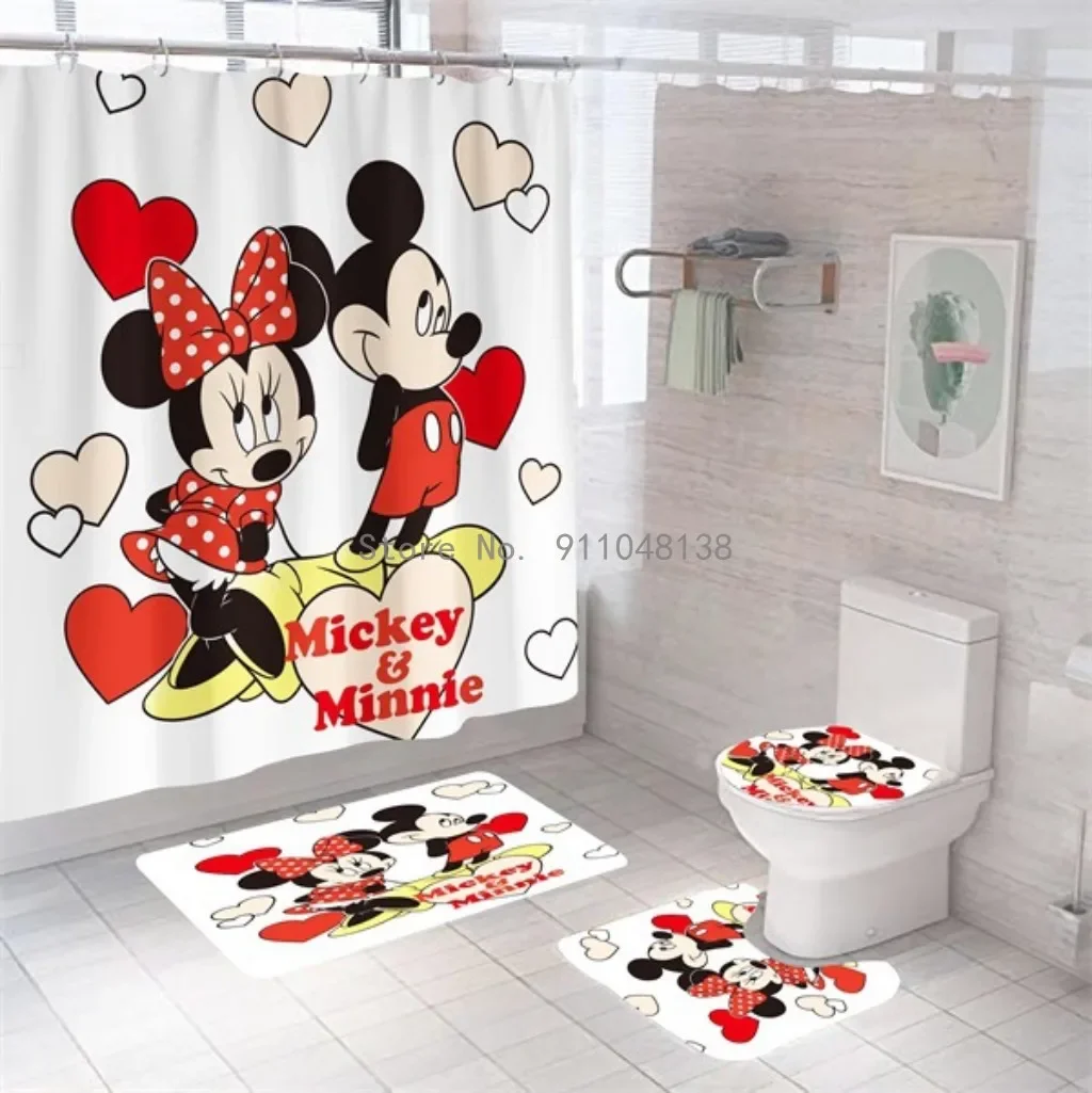4pcs Disney Mickey Mouse Print Shower Curtain Carpet Colorful Toilet Cover Bath Mat Rug Pad Set Bathroom Curtain Hooks