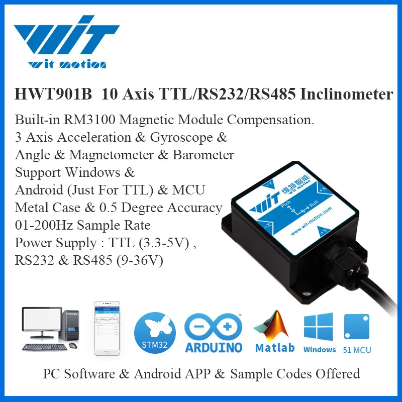 WitMotion HWT901B 10 Axis Sensor Angle Inclinometer Accelerometer Gyro Magnetometer RM3100 Barometer for PC/Android/MCU