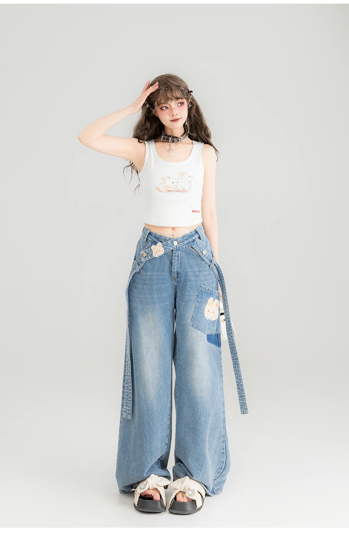 Girly Korean Fashion Sweet Y2k Student Jeans 2024 Summer New Loose Slim Light Blue Casual Wide Leg Pants Women Mop Trousers