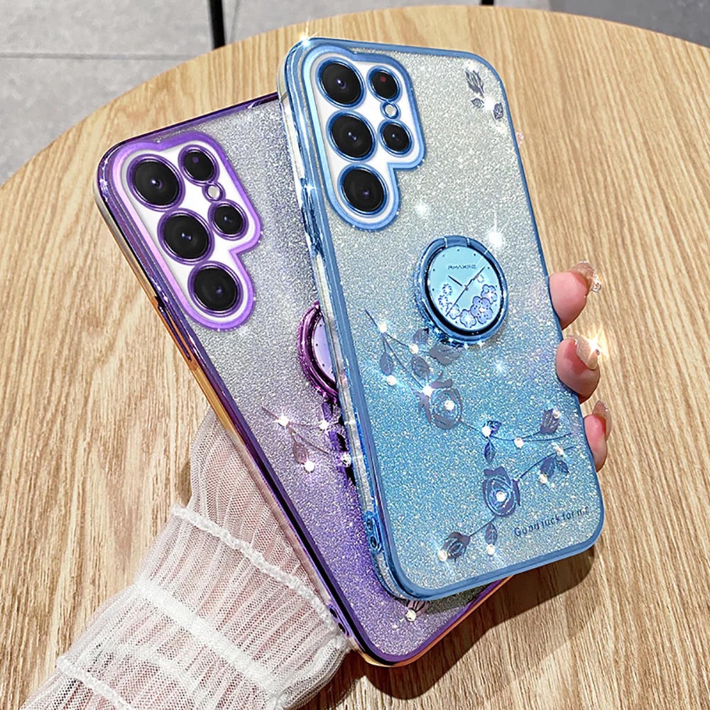 Überzug Blume Farbverlauf Glitzer Ringhalter Hülle für Samsung Galaxy S23 Ultra S22 Plus S21 FE A14 A54 A53 5G Bling Soft Cover_voghion.com
