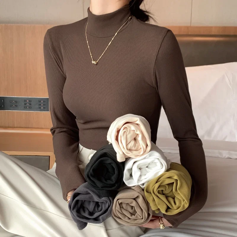 

Knitted Half High Collar Bottomed Shirt Women Autumn Winter Paired Autumn Clothes Westernized Mid Neck Pullover Long Sleeved