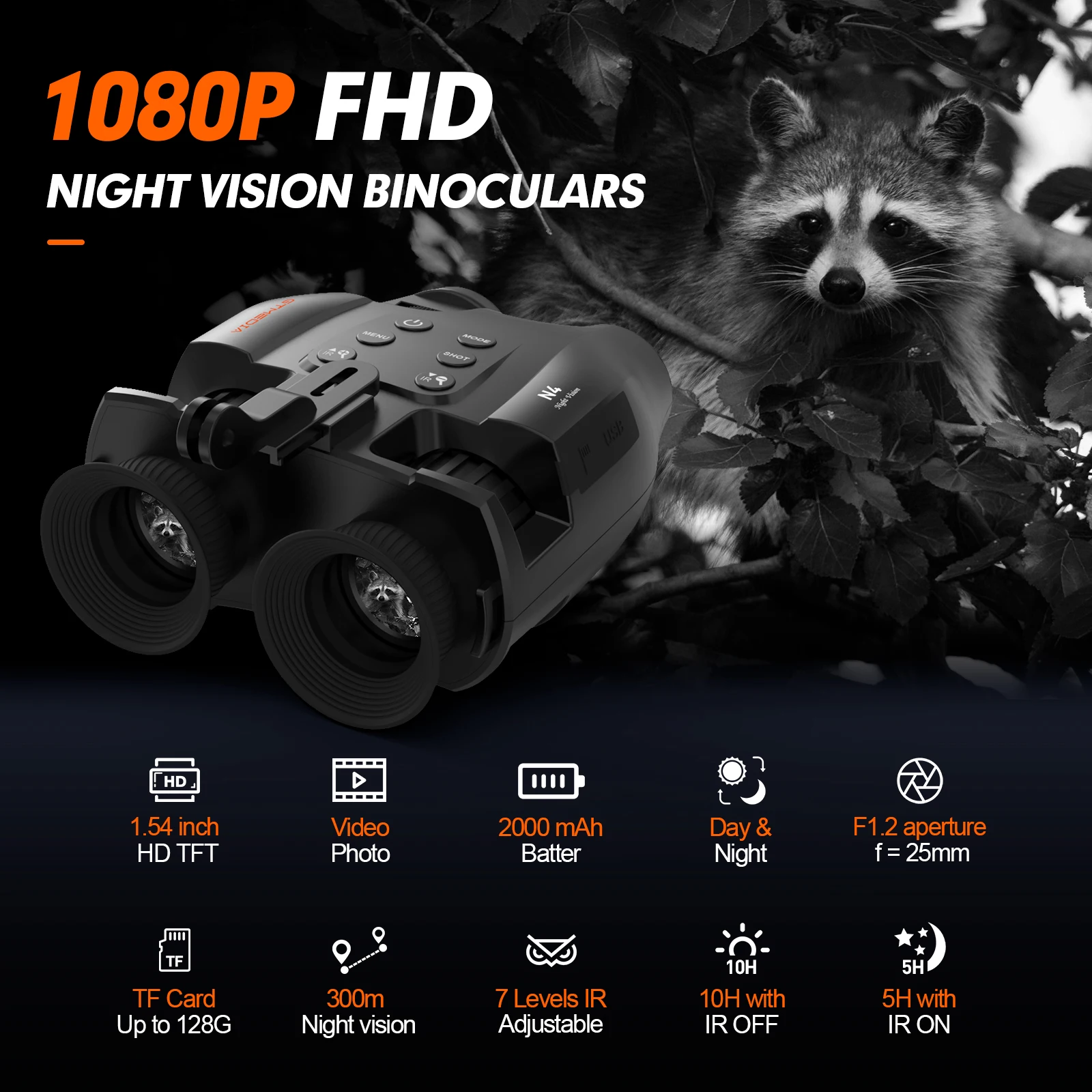 GTMEDIA N4 나이트 비전 쌍안경 300M 850nm 7단계 IR 5배 줌 1080P 비디오 주야간 사용 사냥 및 야생동물 관찰용