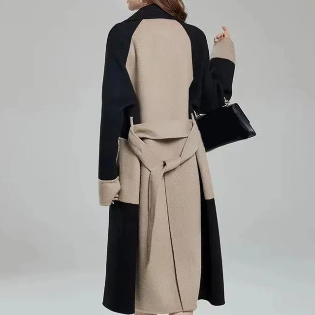 Autumn Winter Women Coat Color Matching Turn-down Collar Double-breasted Mid Length Lady Coat Double-sided Female Overcoat 2