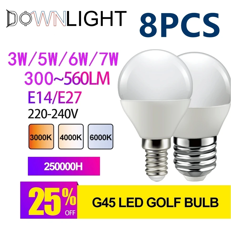 8pcs LED Bulb Lamps G45 E14 E27 AC220V Light Bulb Real Power 7W 6W 5W 3W Super bright for living room office kitchen