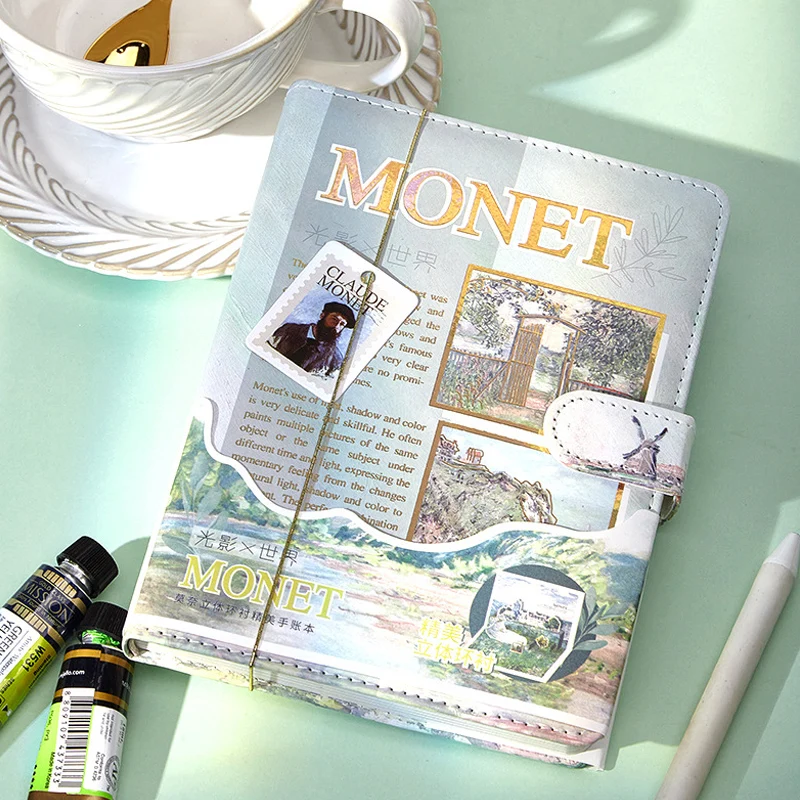

B6 Magnetic Buckle Notebook,Monet Oil Painting Series,96 Sheets/Book,Full Colour Inside Pages,Office Student Stationery Diary