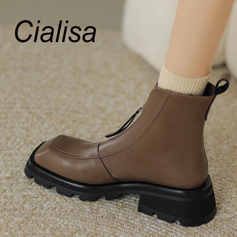 

Cialisa Fashion Designer Ankle Boots For Women 2023 Autumn Winter Square Toe Shoes Genuine Leather Zipper Mid Heels Short Boots