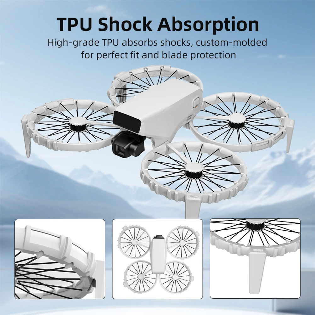 Hélices de protection pour drone DJI installées, illustrant leur capacité à protéger les pales lors de vols en intérieur ou en extérieur.