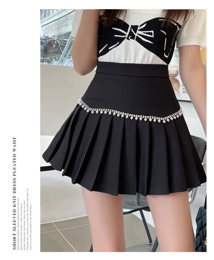 Beaded Pleated Skirts Women Mini Skirt Black White High Waist Slim A-Line Skirt Shorts Casual Zipper Spring Steetwear Korea N120 black maxi skirt