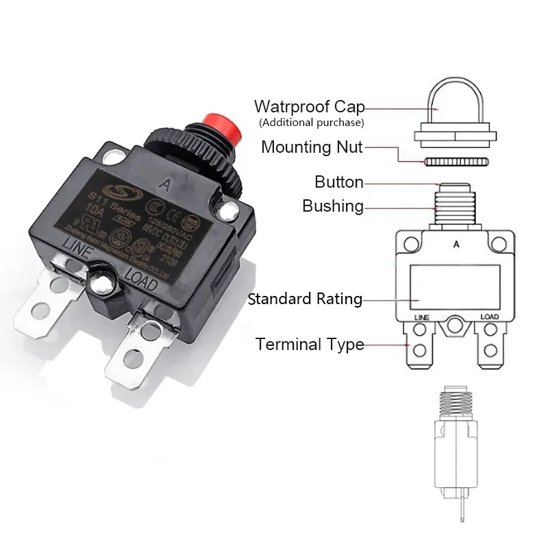1Pcs Mini Current Overload Protector Switch Circuit Breaker Customizable 2A 3A 4A 5A 6A 8A 10A 15A 20A 25A 30A 40A Power Supply