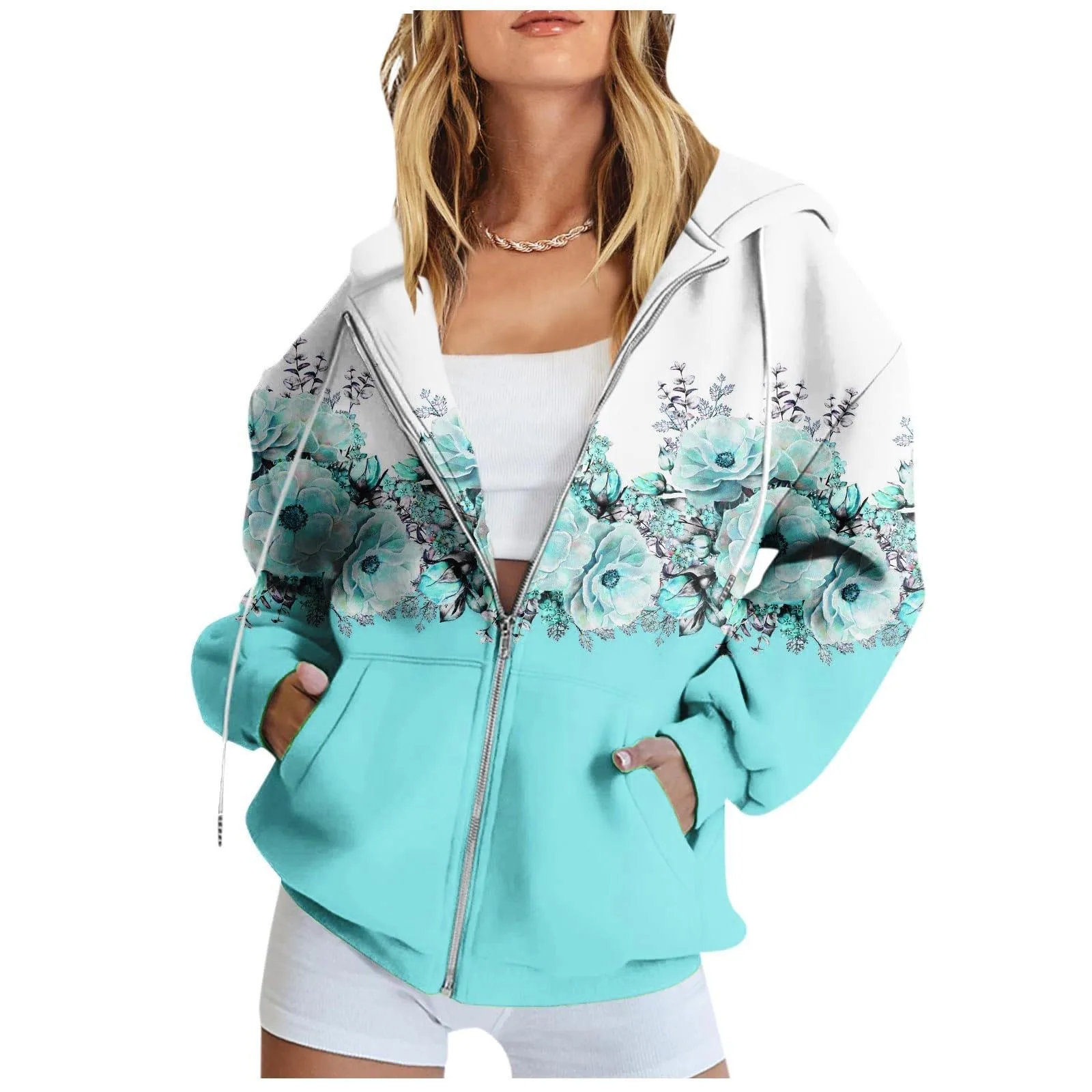 Casual Hoodie Women Fall Fashion Long Sleeve Floral Print Zip up