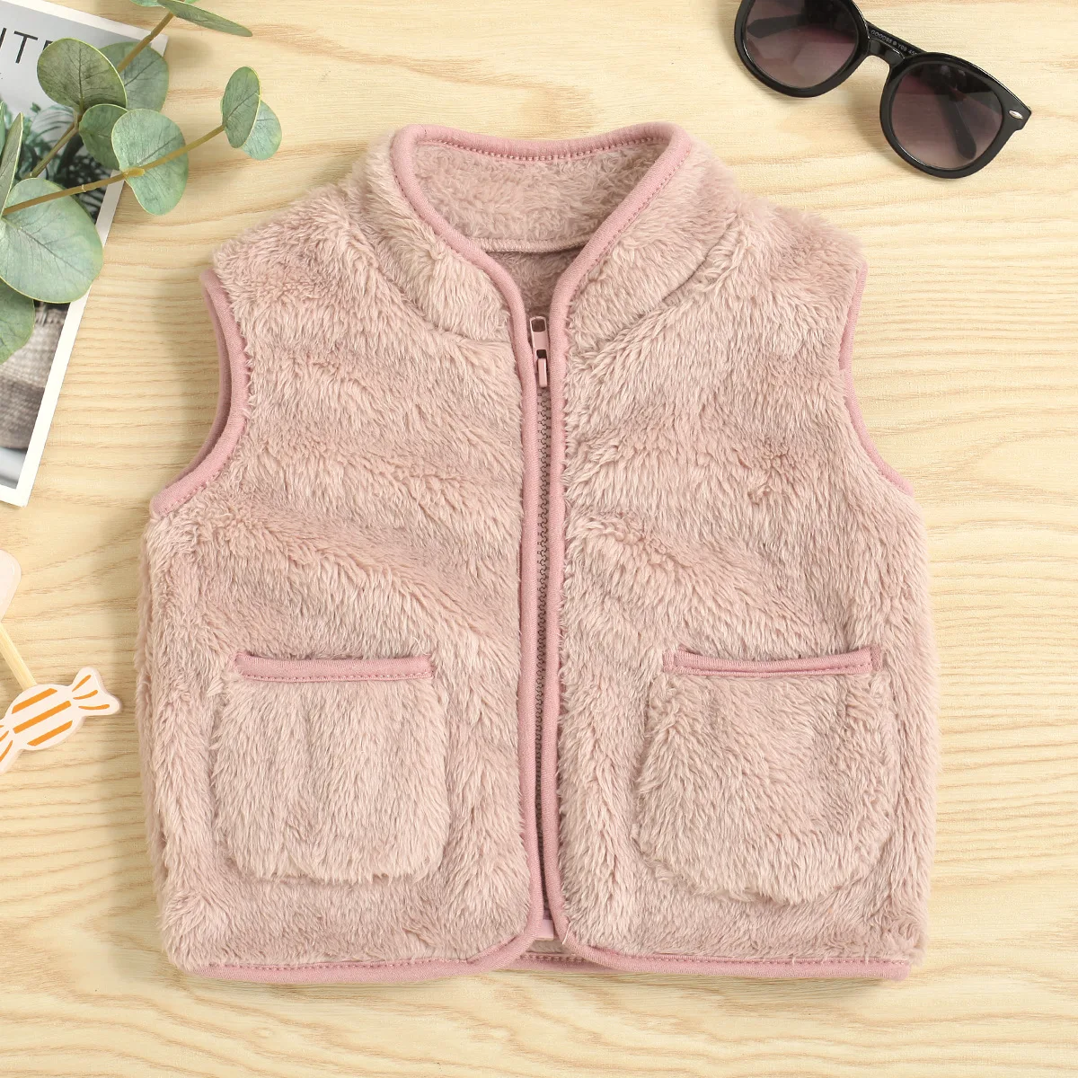 Autumn Spring Warm Baby Kid Girls Waistcoats Plush Pocket Sleeveless Outerwear Vests Outfits 1-5Y children vest
