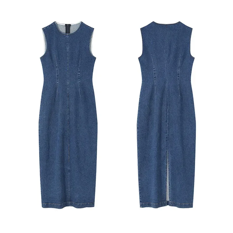 Casual Sleeveless Denim Dresses Women Elegant Slim Fit O-neck Slit Denim Dress Female Autumn Chic Street All-matching Robes