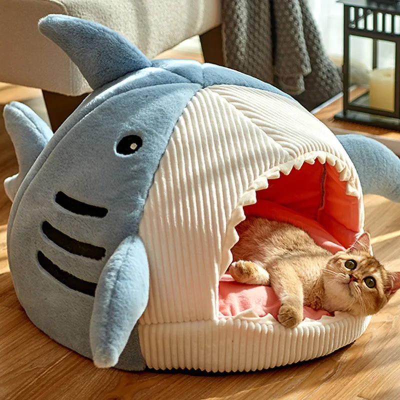 

Lovely Shark Shaped Pet Cave House Soft Comfort Semi-Enclosed Dogs Cats Sleeping Bed Nests Anti-Slip Washable Cat Dog Supply
