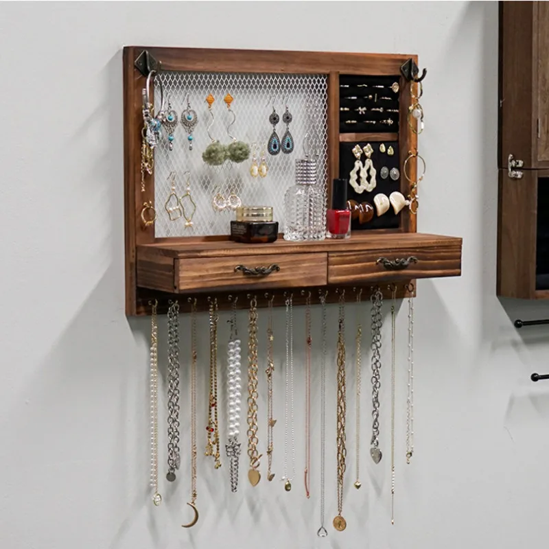 

Jewelry Box European Retro Jewelry Stand Solid Wood Wall Hanging Storage Box Grid Classification Wall Shelf Versatile Scene
