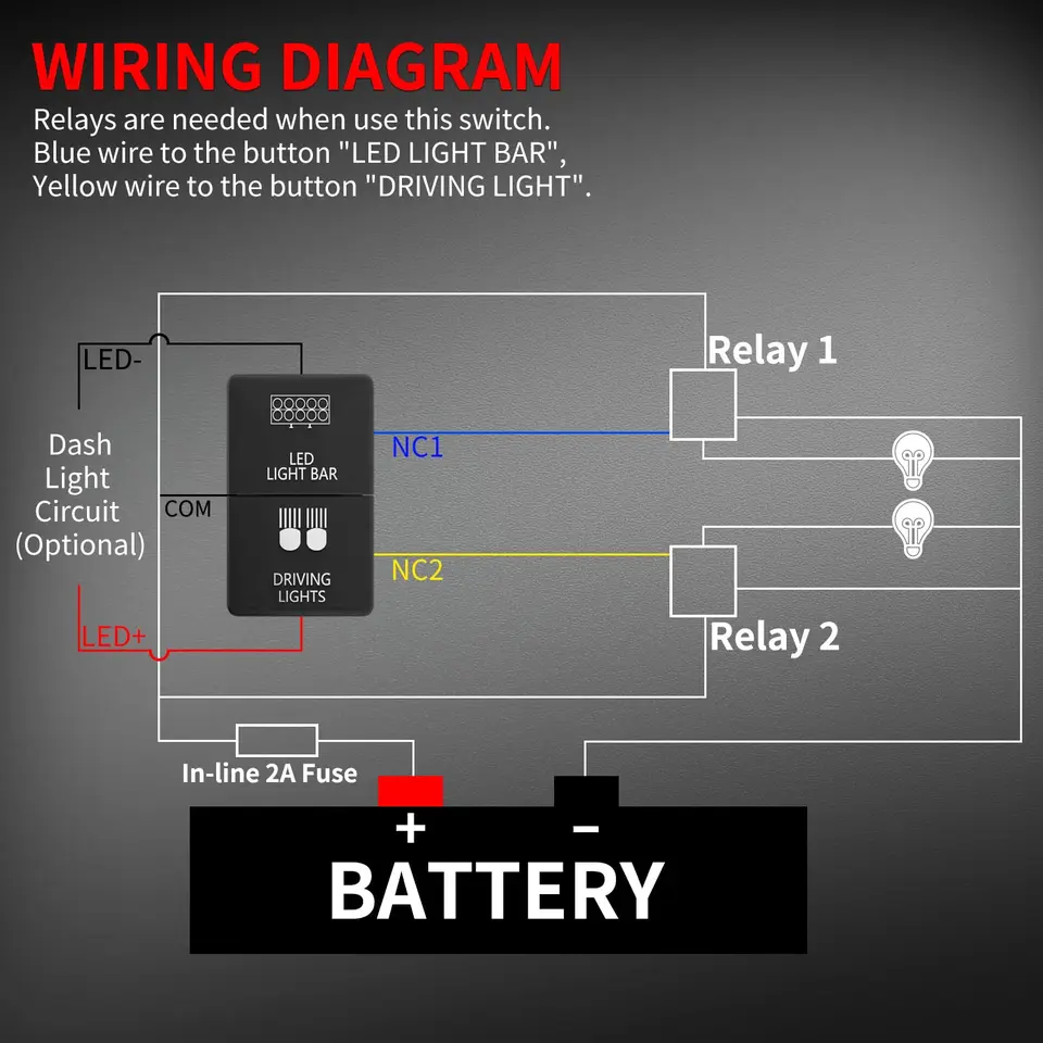 Barre Lumineuse LED 12 V Et Spots à Double Bouton Poussoir Marche/arrêt Rétroéclairé Bleu/vert 3,3 X 2,2 Cm Avec Fil De Connecteur De Rechange Pour Toyota Tundra Tacoma 4Runner Prado Landcruiser RAV4
