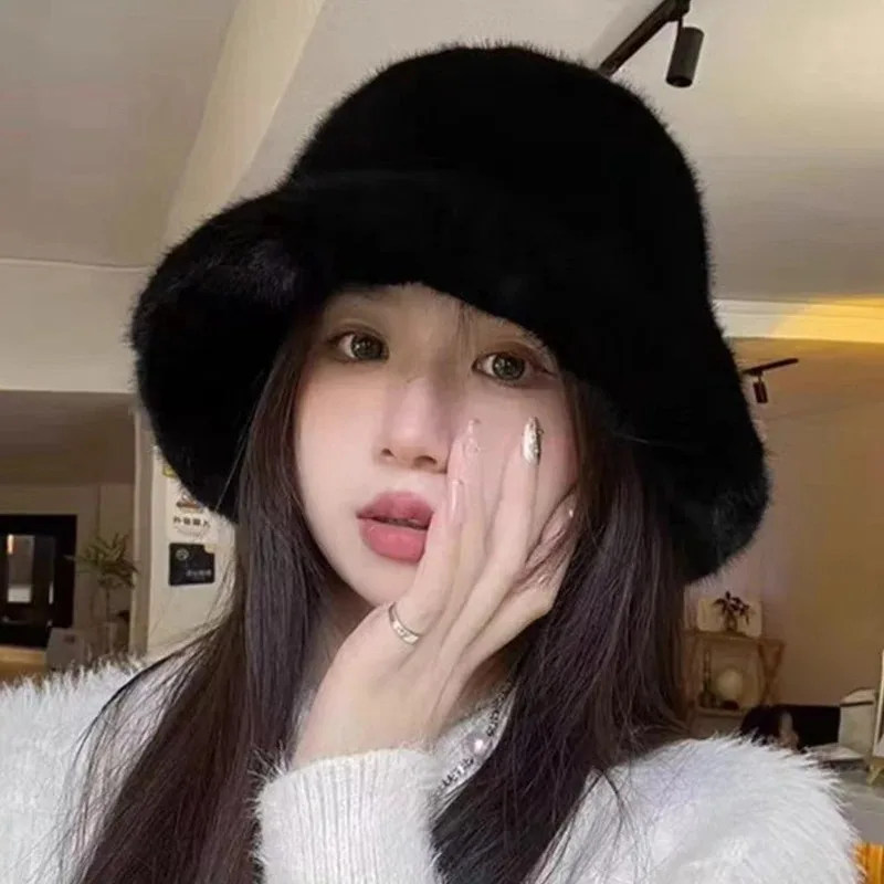 Winter Windproof and Warm Women's Fashionable Solid Color Plush Hat Cover Fluffy Fishing Hat Mountaineering Scarf Practical