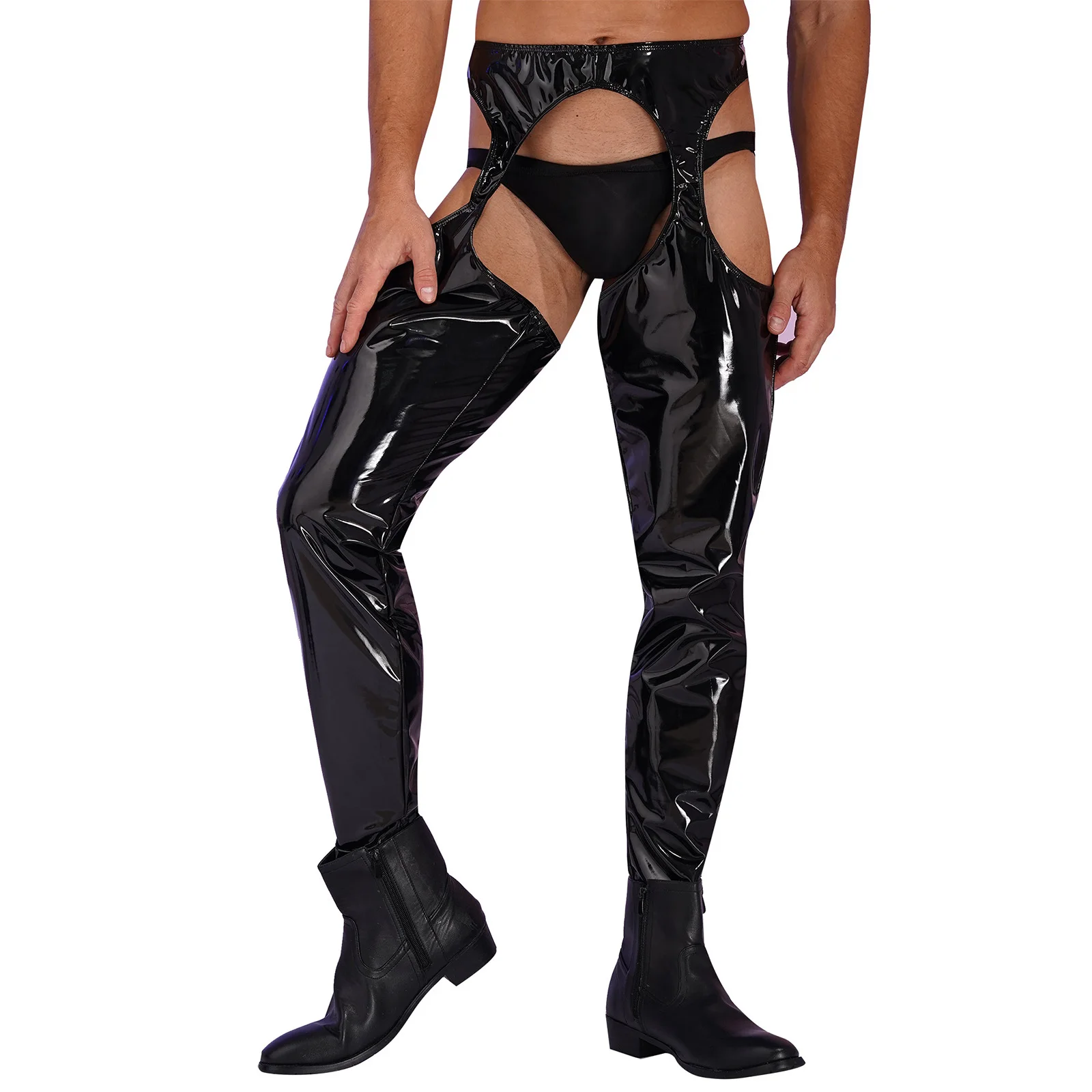 Mens wetlook crotchless open butt pants PVC leather thigh-high tights pants leggings high waist cutout pole dance trousers club