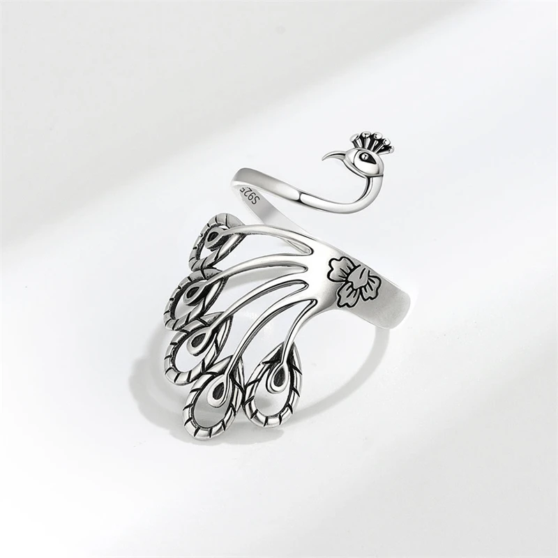 WYEAIIR Vintage Creative Art Peacock Thai Silver 925 Sterling Silver Resizable Opening Ring For Women Luxury Jewelry Silver Ring Silver Rings