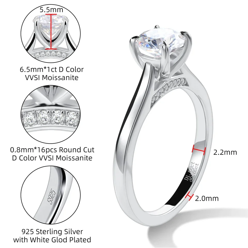 Homxi Bague Argent Femme 925/1000,Alliance De Fiançailles Bague 6 Griffes Avec Moissanite 1ct Bague Fiançailles Argent Femme Taille 49