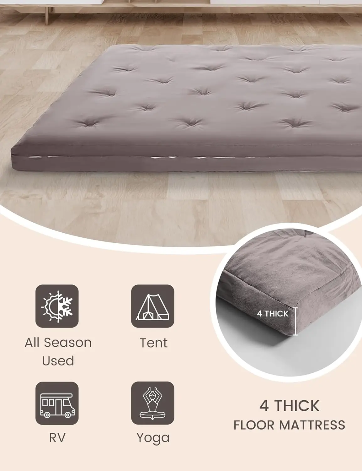 Queen Japanese Floor Futon 60 &ldquo;x80&rdquo;, Cotton 4'' Thickened Tatami Mattress, Adult Rollaway Floor Lounger (Gray)