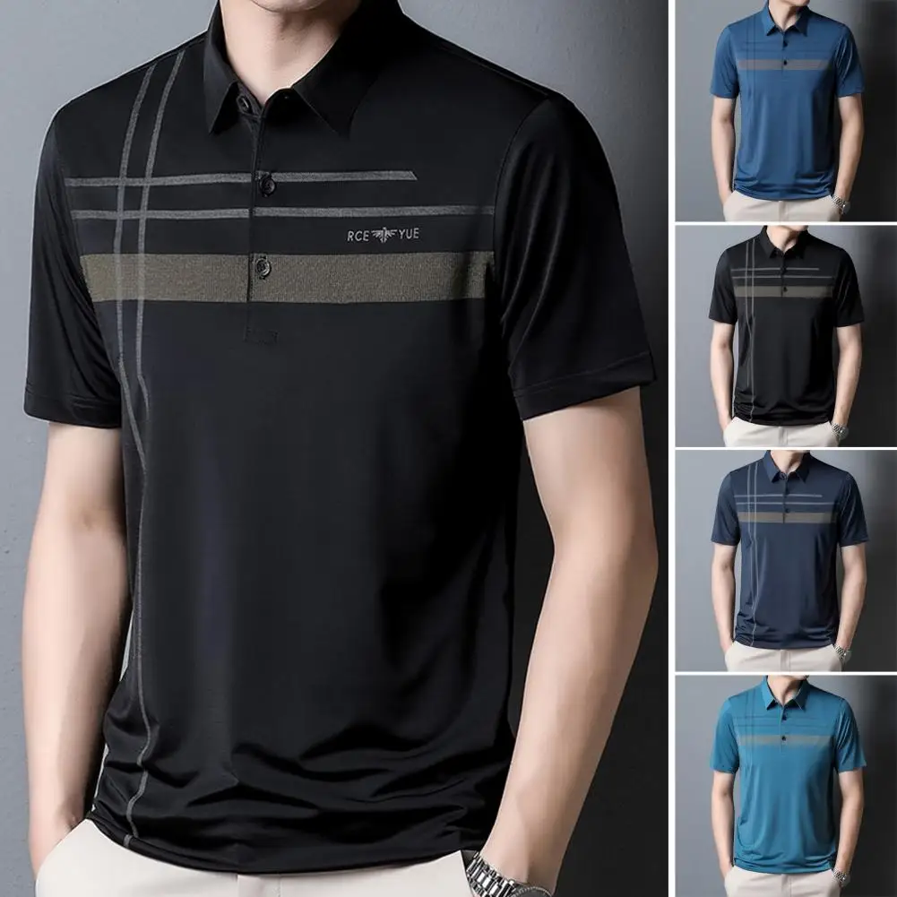 

Soft Men Formal Short-sleeve Shirt Turn-down Collar Striped Lapel Shirt Breathable Striped Ice Silk Men's Summer Shirt for Men