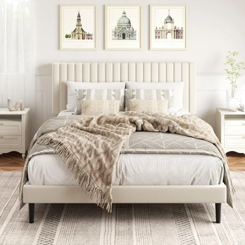 Size Platform Bed Frame with Velvet Upholstered Headboard, Strong Wood Slats, Box Spring Optional, Mattress Foundation 3