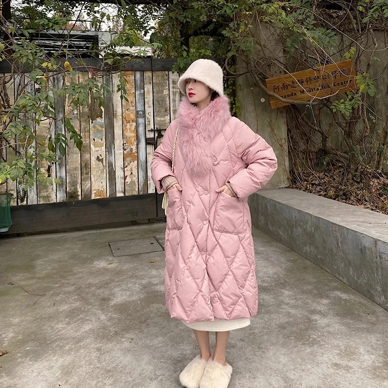 Big Fur Collar White Duck down Mid-Length Loose over Knee down Jacket for Women