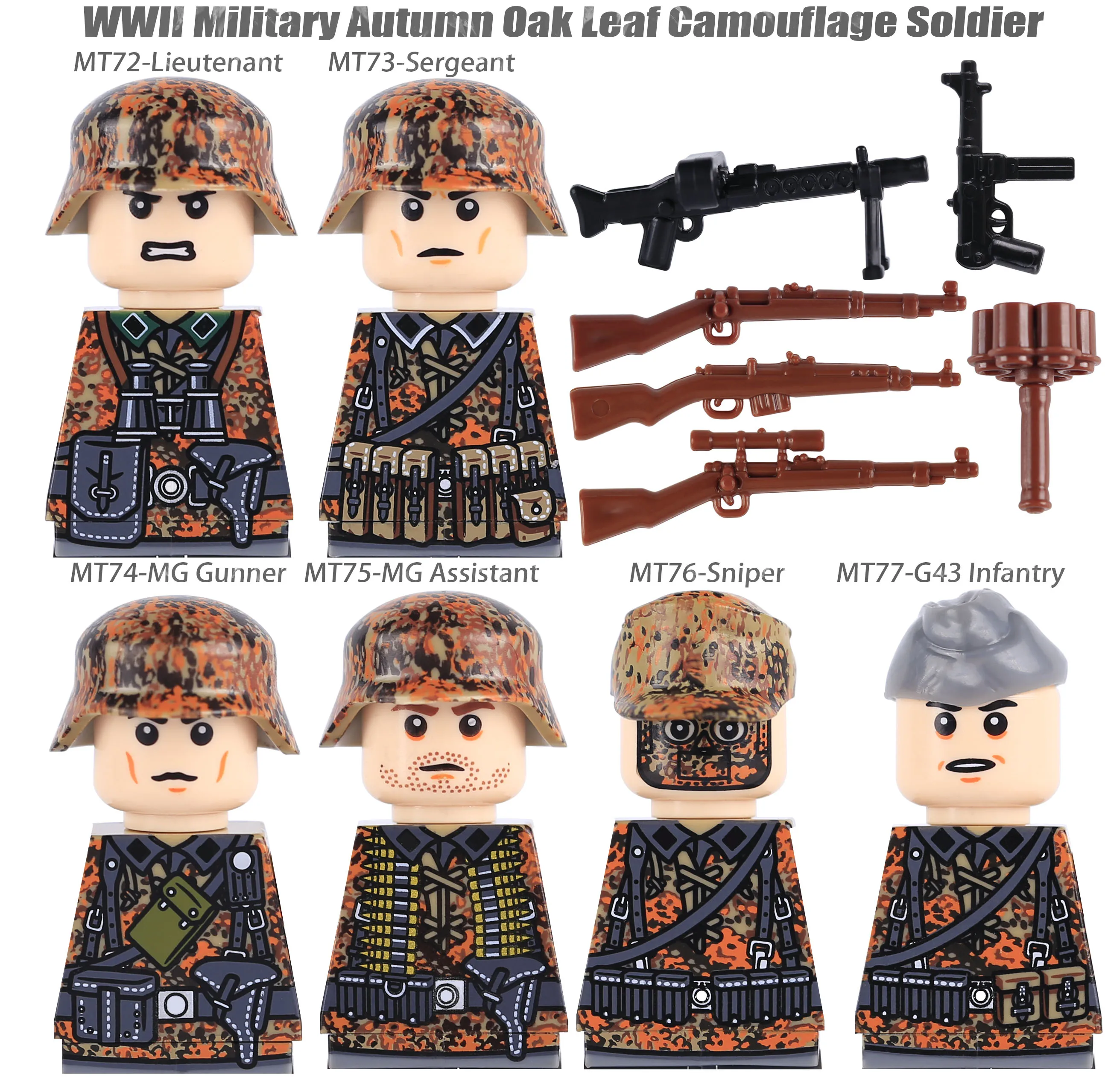 WW2 Military Camouflage Soldiers Building Set with Weapons and Helmets