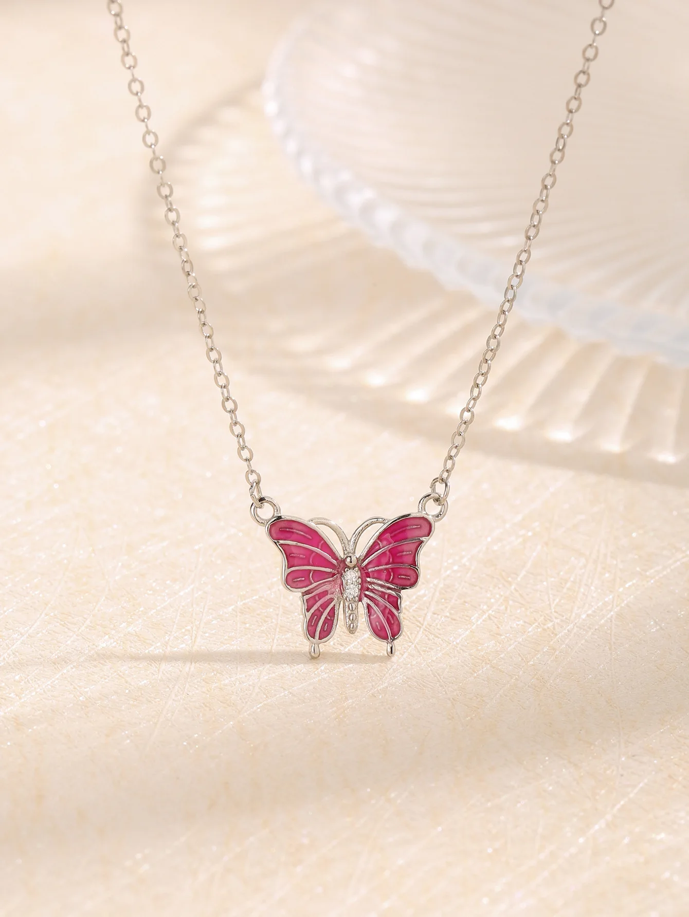 

Pure 925 Silver Necklace with Pinkish Butterfly Pendant for Women's Daily Lovely Gentle Style Need