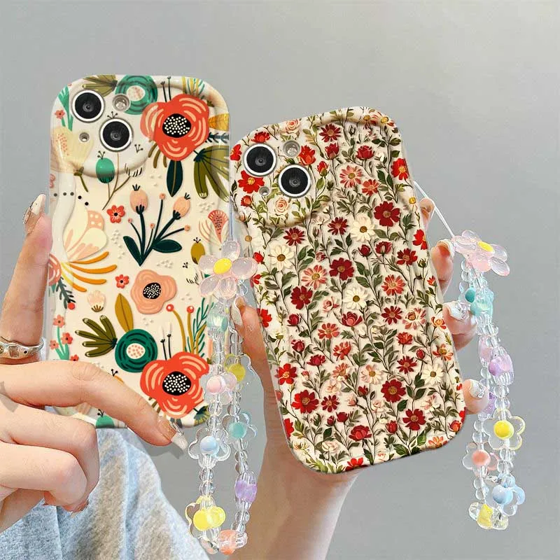 Floral Print Soft Cover with Wrist Chain and Wavy Edge