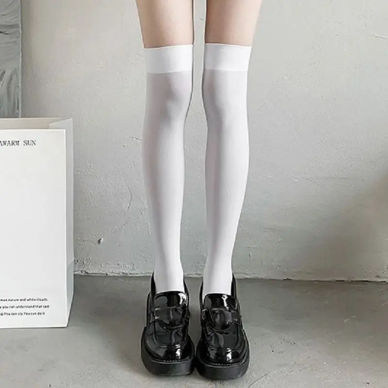 여성용 단색 양말, 블랙 화이트 허벅지 높이 양말, 귀여운 로리타 스위트, 얇은 긴 다리, 섹시한 스타킹