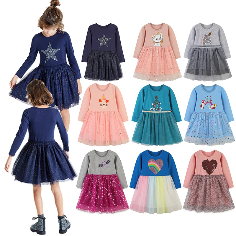 

Girls Autumn Mesh Dress Sequin Embroidery Skirts 1-8 Years Cute Princess Dresses Long Sleeve Costume Kid Cartoon Printed Clothes