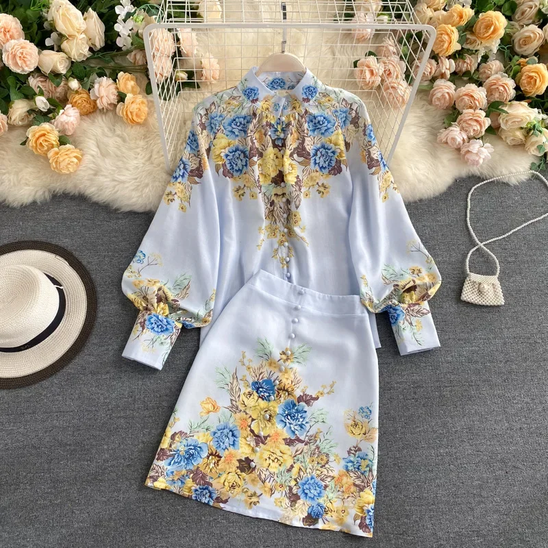 

Free Shipping French Fashion Ladies Retro Print Lapel Puff Sleeve Loose Blouse and High Waist Slim Skirt 2-piece Set