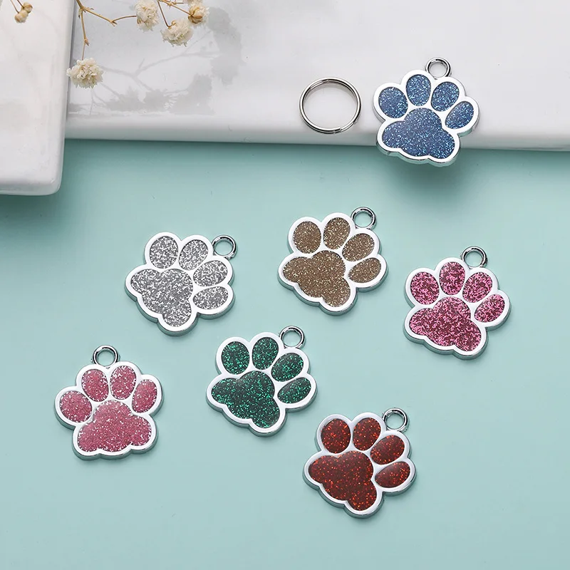 Pet ID Tags Personalized Dog Cat Tags Free Engraved Anti-lost Name Paw Glitter Pendant Nameplate Glitter Keyring Accessories