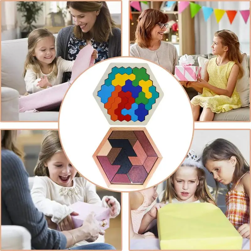 

Wooden Hexagon Tangram Puzzle Geometry Shape Pattern Blocks Geometry Shape Brain Games For Toddlers Kids Family Portable Puzzles