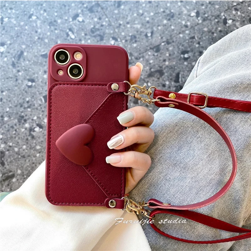 Crossbody Lanyard 3D Heart Wallet Card Case with Wrist Strap - Soft Silicone Cover