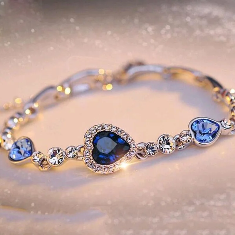 Womens Ladies Crystal Rhinestone Bangle Ocean Blue Bracelet Chain Heart Jewelry Party Gifts Peach Heart Bracelet fashion bracelet,fashion jewelry