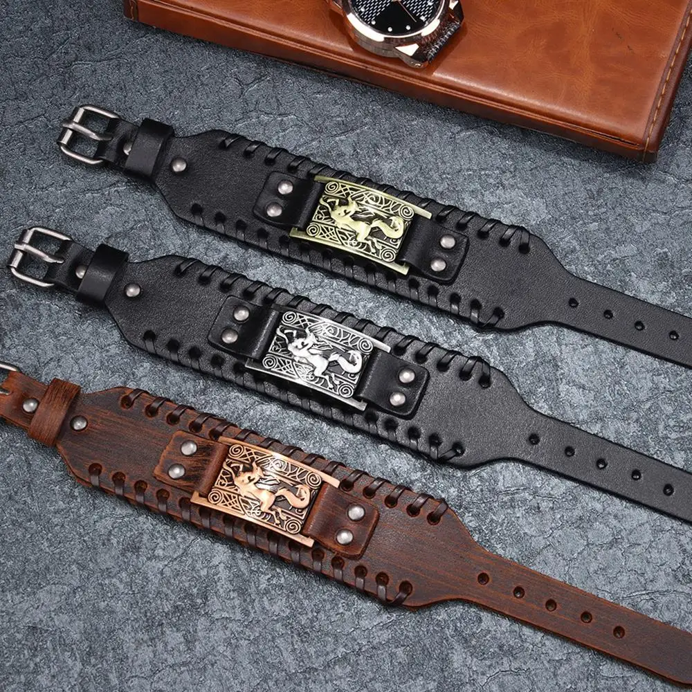 Leather Bracelet Charm Wide Leather Bracelet Men Punk Braided Rope Alloy Cuff Bangle Male Wristband Viking Bracelet