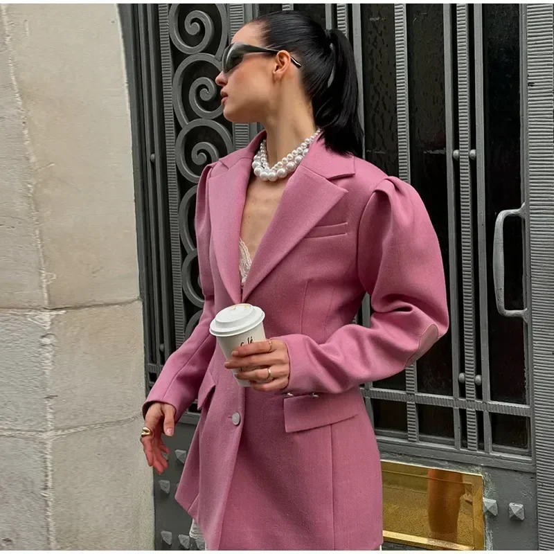 Blazer elegante para mujer, con mangas abullonadas, solapa entallada, botonadura sencilla, cintura ceñida, chaqueta femenina, primavera 2025, ropa de calle para dama
