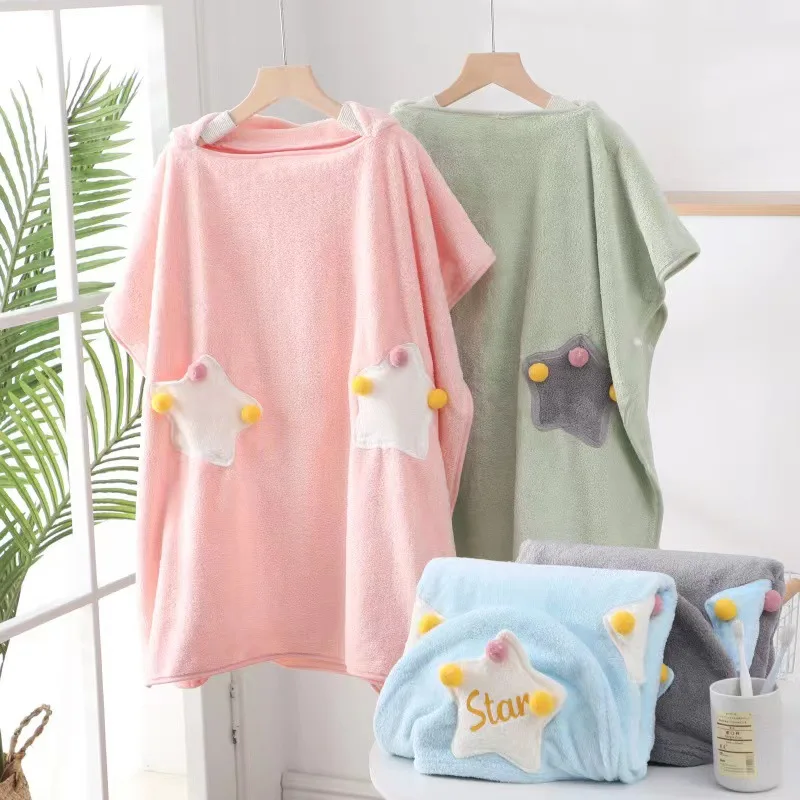 

Baby Soft Coral Fleece Bathrobe Cape Star Design Children's Bath Towel Beach Absorbent Quick-drying Kids Wearable Hooded Towel