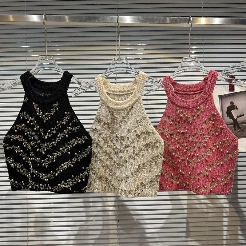 

Spring/Summer 2023 New Knitted Tank Top Women's Short Slim Fit Beaded Hanging Neck Black Rose Red High Quality